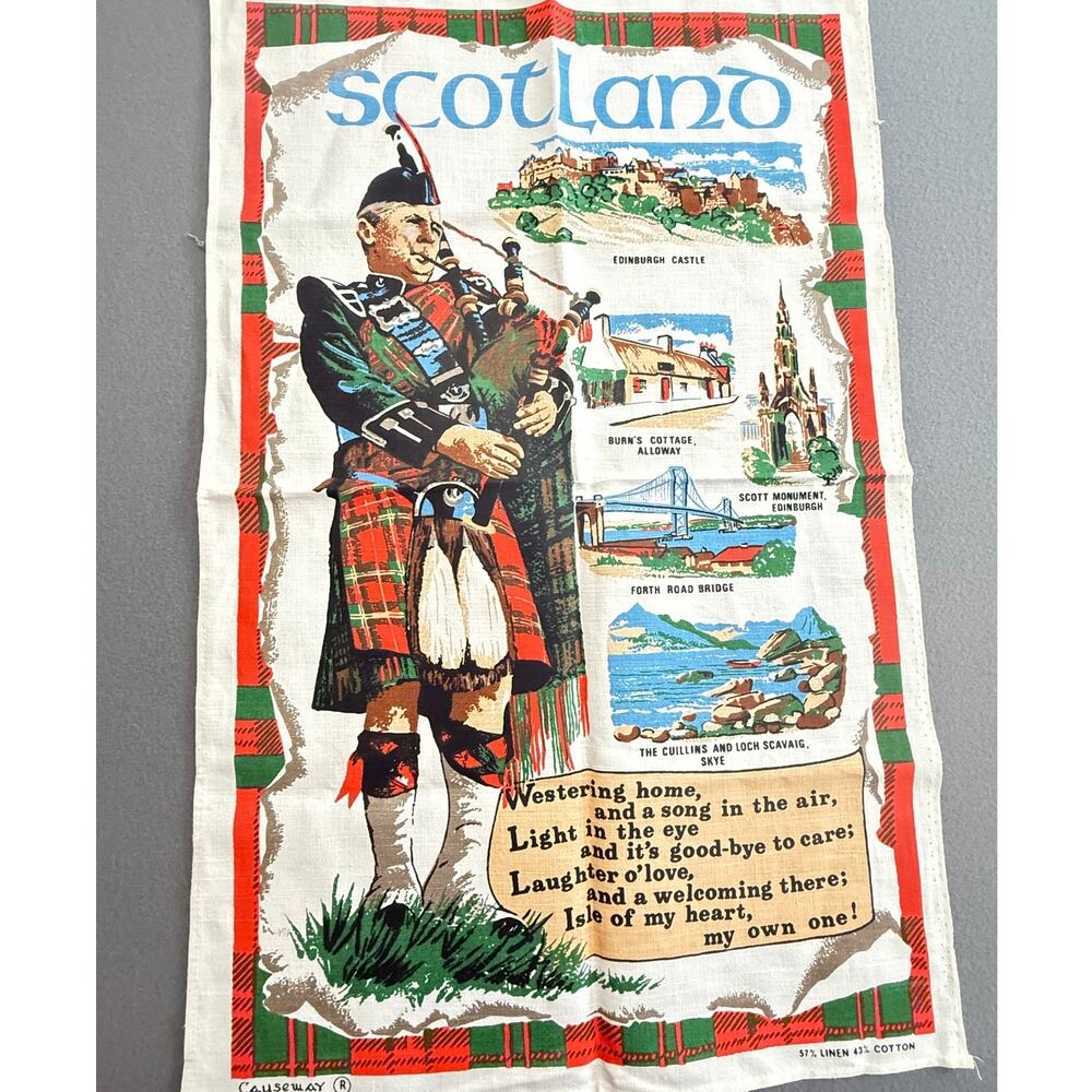 Vintage Scotland Souvenir Tea Towel Scottish Bagpiper Tartan Landmarks Linen